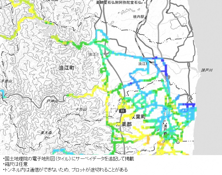 双葉町・浪江町(東部)の走行サーベイ結果マップ（平成29年12月13日）