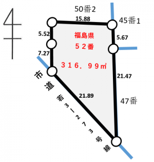 対象地の地積測量図です。316.99平方メートルある、台形の土地です。