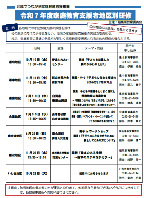 令和７年度家庭教育支援者地区別研修会一覧