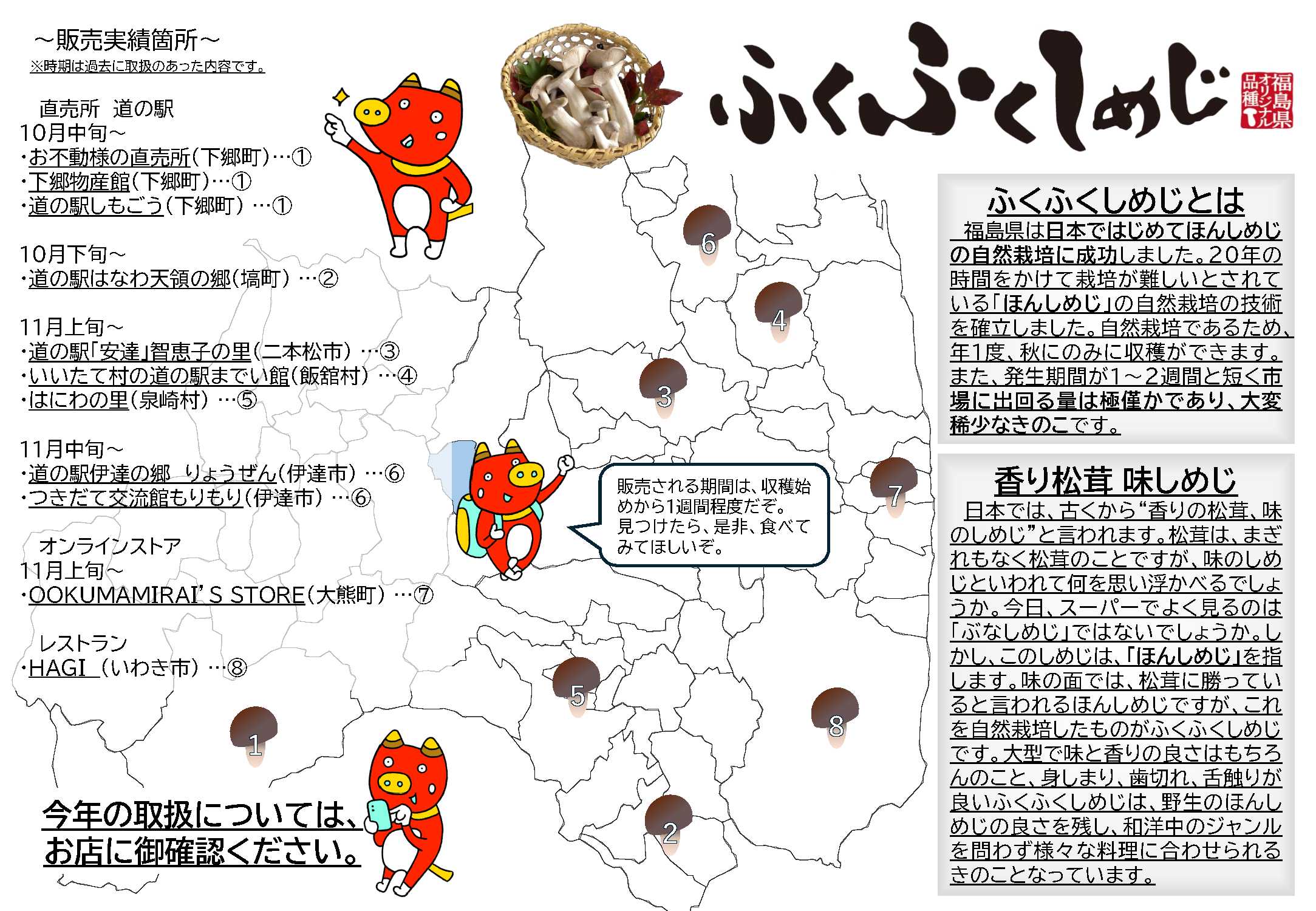 ふくふくしめじの販売実績箇所